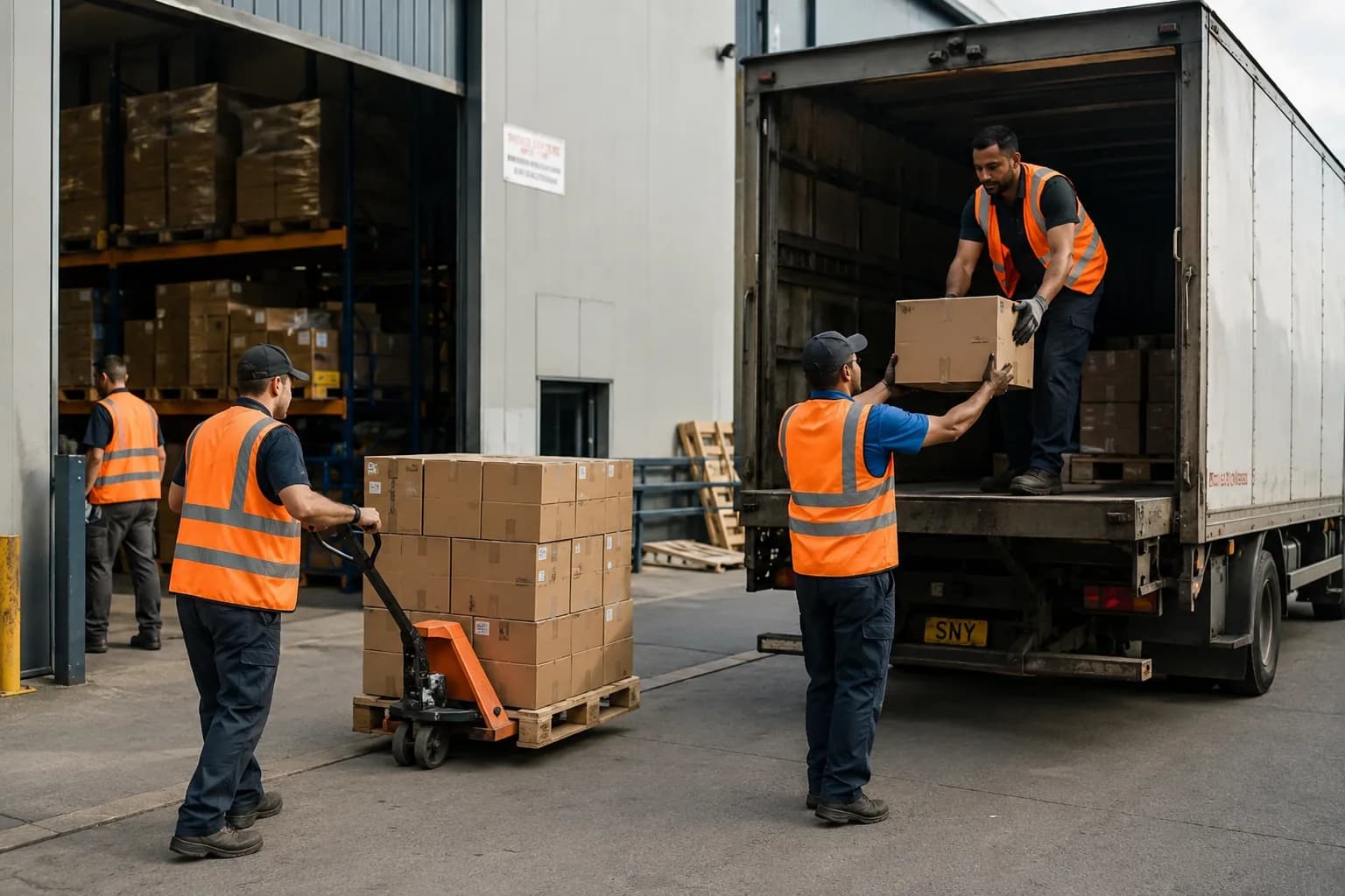 Workers in high-visibility vests unload cartons from a truck onto a pallet at a warehouse door